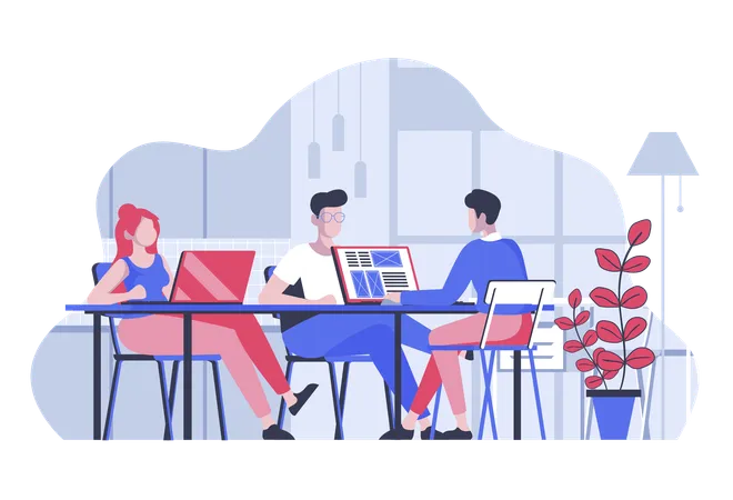 Coworking Office Concept With Cartoon People In Flat Design For Web Coworkers Team And Freelancers Working At Laptop In Open Space Vector Illustration For Social Media Banner Marketing Material Illustration