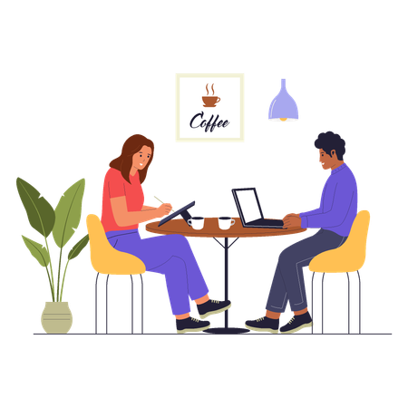 Coworking en équipe autour d'une table de café avec ordinateurs portables  Illustration