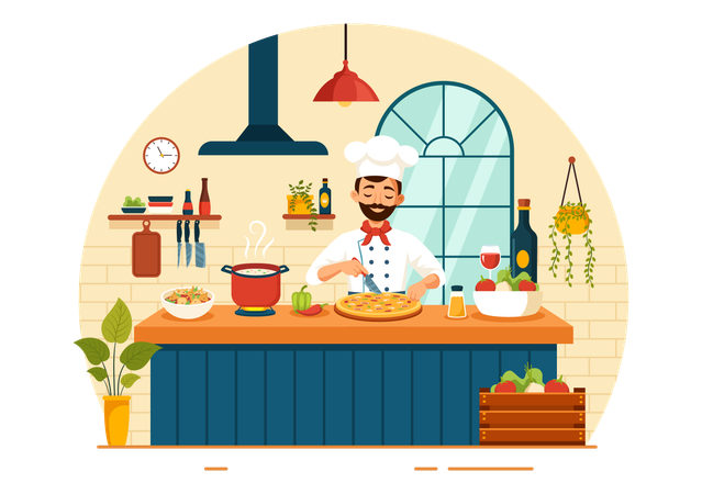 Chef italiano cozinhando  Ilustração