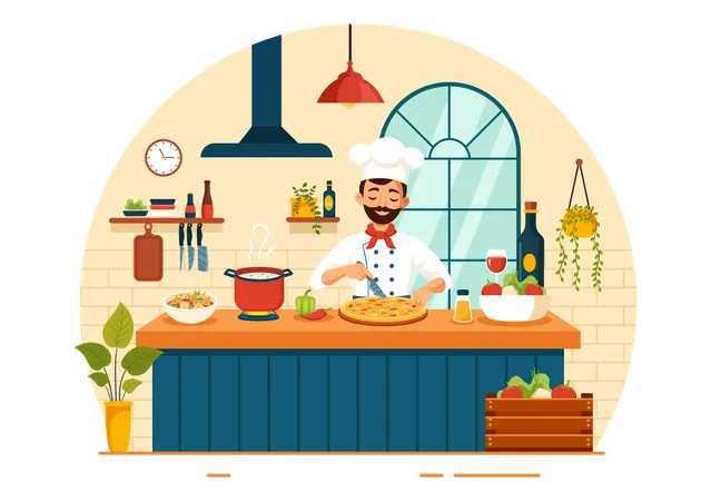 Chef italiano cozinhando  Ilustração