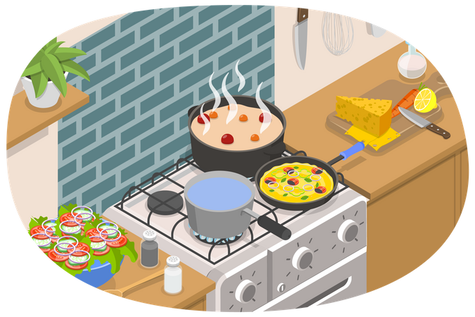 Cozinha com móveis  Ilustração