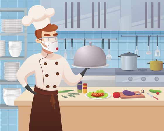 Cozinha comercial com personagens de desenhos animados Chef Cook Dish Jantar  Ilustração