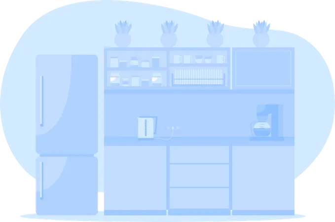 Ilustracao Isolada Do Vetor 2 D Da Cozinha Corporativa Azul Armarios Com Eletrodomestico E Geladeira Interior Plano Da Area De Alimentacao Do Escritorio No Fundo Dos Desenhos Animados Cena Colorida Da Sala De Jantar Ilustração
