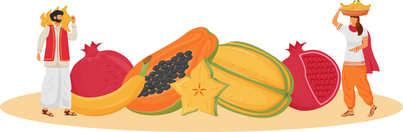 Culinária indiana, servida com frutas tropicais  Ilustração