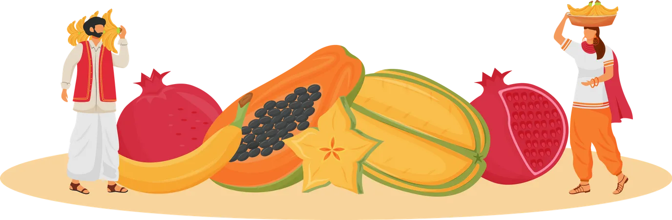 Culinária indiana, servida com frutas tropicais  Ilustração