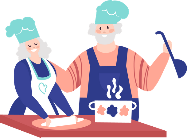 Casal de idosos cozinhando  Ilustração