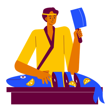 Cozinhando um peixe  Ilustração