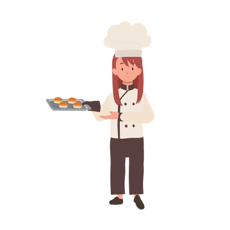 Cozinheiro infantil com chapéu de chef e avental assando um pão delicioso  Ilustração