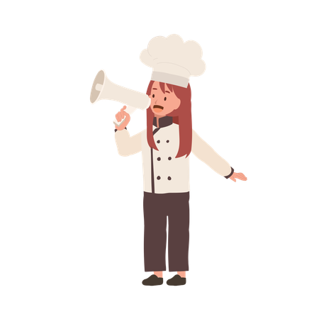 Cozinheiro infantil com uniforme de chef fazendo anúncio  Ilustração
