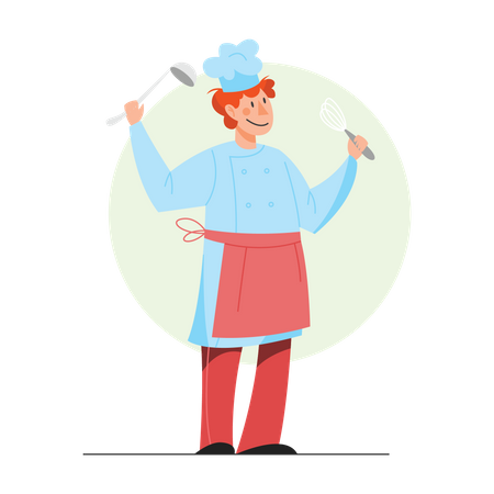 Cozinheiro segurando utensílios de cozinha  Ilustração