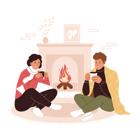 Cozy and warm man and woman drinking coffee at home  Illustration