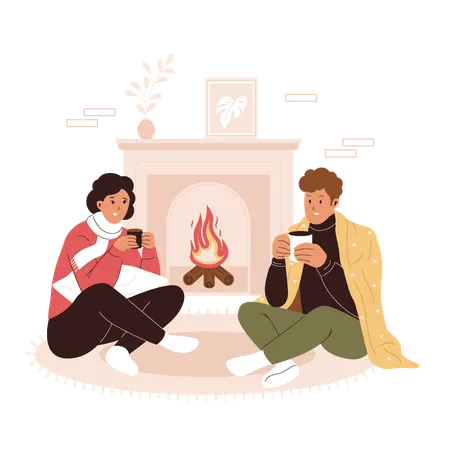 Cozy and warm man and woman drinking coffee at home  Illustration