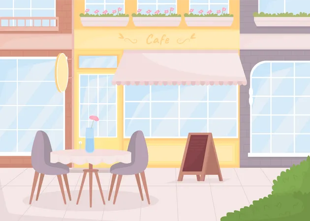 Cozy Atmosphere Of Street Cafe Flat Color Vector Illustration Pleasant Environment Coffee Shop With Outdoor Seating 2 D Simple Cartoon Cityscape With Shops On Background Caveat Font Used Illustration