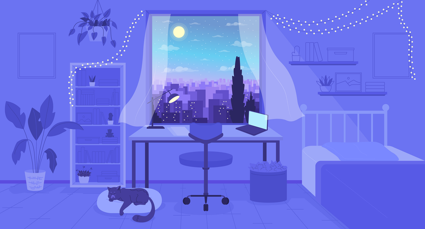 Cozy bedroom with night cityscape view in window  Illustration