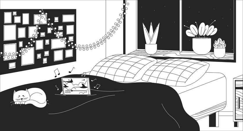 Cozy bedroom with sleeping cat  Illustration