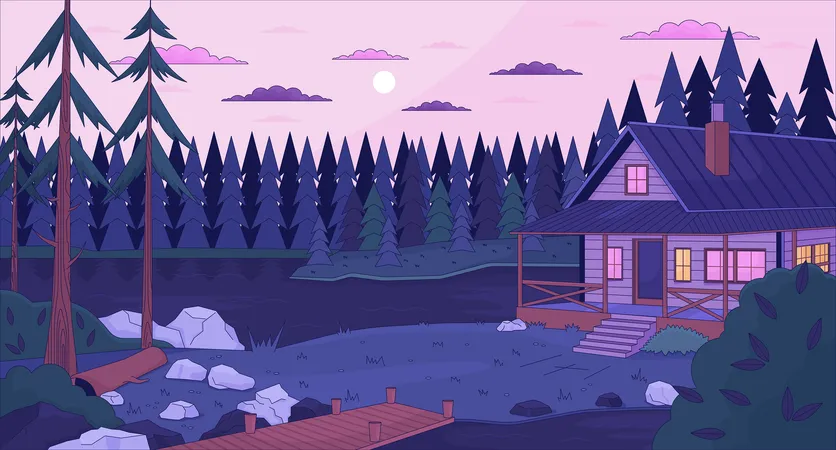Cozy Cabin By Lake Dusk Lofi Wallpaper Cabin In Forest 2 D Cartoon Flat Illustration Summerhouse Lake Side Family Vacation Dreamy Vibes Chill Vector Art Lo Fi Aesthetic Colorful Background Illustration