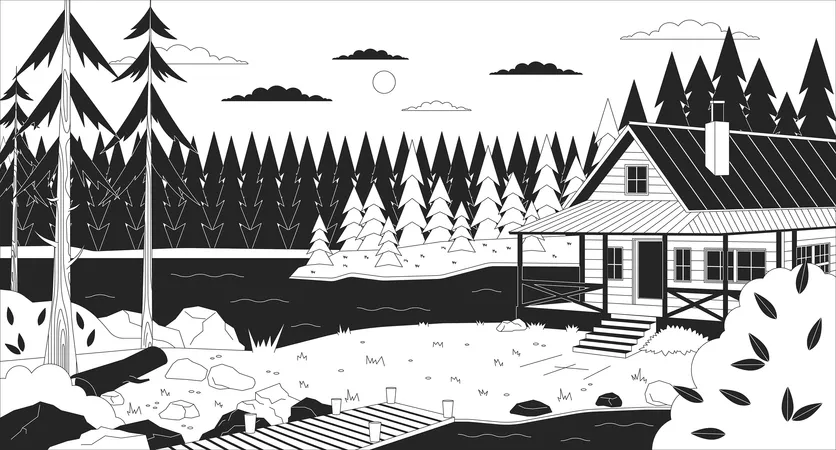 Cozy Cabin By Lake Dusk Black And White Lofi Wallpaper Cabin In Forest 2 D Outline Cartoon Flat Illustration Summerhouse Lake Side Family Vacation Dreamy Vibe Vector Line Lo Fi Aesthetic Background Illustration