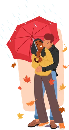 In A Colorful Cascade Of Autumn Leaves A Cozy Couple Man And Woman Characters Embraces Beneath A Shared Umbrella Finding Warmth And Joy In The Crisp Seasonal Air Cartoon People Vector Illustration Illustration
