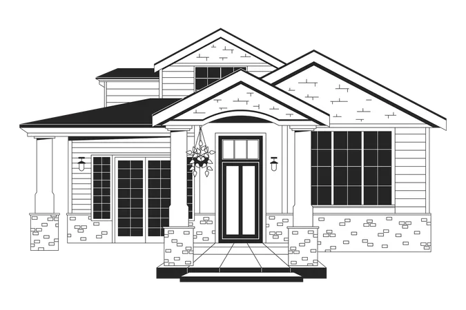 Cozy Family Home Outside Black And White 2 D Line Cartoon Object Dwelling House Housing Estate Living Building Isolated Vector Outline Item Property Exterior Monochromatic Flat Spot Illustration Illustration