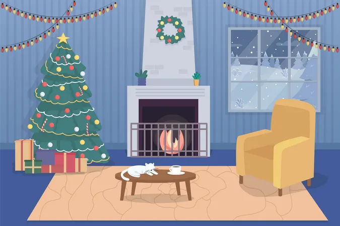 Cozy Home At Christmas Flat Color Vector Illustration Household With Festive Decorations For Holidays Comfortable Apartment 2 D Cartoon Interior With Window With Winter Landscape On Background Illustration