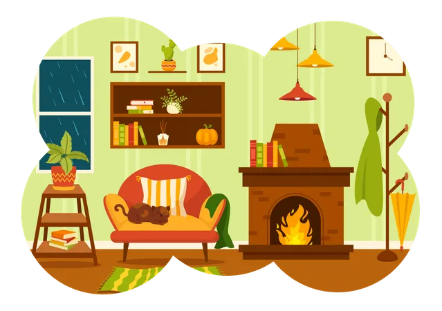 Autumn Cozy Home Decor Vector Illustration With Living Room Interior Furniture Background Elements In Flat Cartoon Hand Drawn Templates Illustration