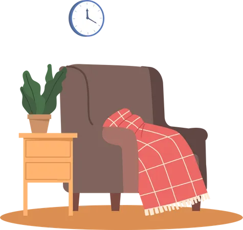 Cozy Home Interior Featuring An Armchair With Chequered Plaid Clock On The Wall And Table With Potted Plant Adding Warmth And Classic Charm To The Room Decor Cartoon Vector Illustration Illustration