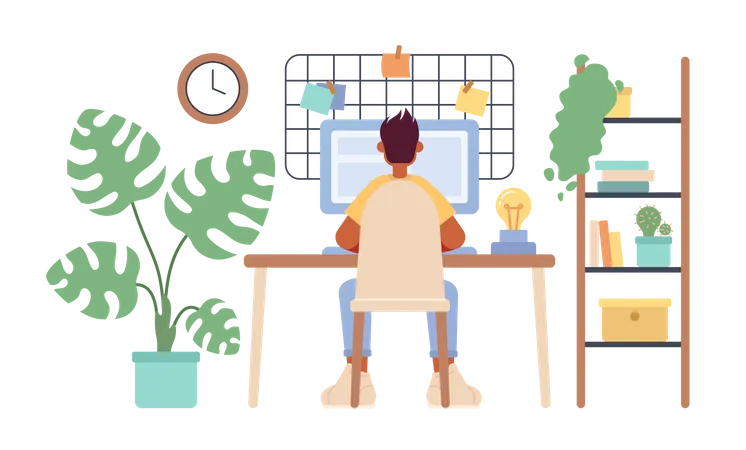 Cozy Home Office Setup With Freelancer 2 D Vector Isolated Spot Illustration Self Employed Man With Computer Flat Character On Cartoon Background Colorful Editable Scene For Mobile Website Magazine Illustration