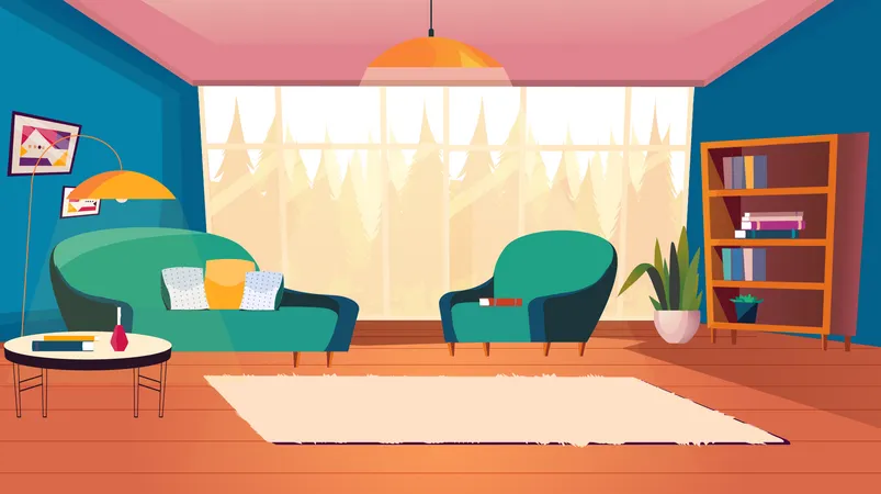 Cozy Evening In Living Room Interior Concept Apartment With Furniture Sofa And Armchair Coffee Table Bookcase Huge Window With Forest View Vector Illustration Background In Flat Cartoon Design 일러스트레이션
