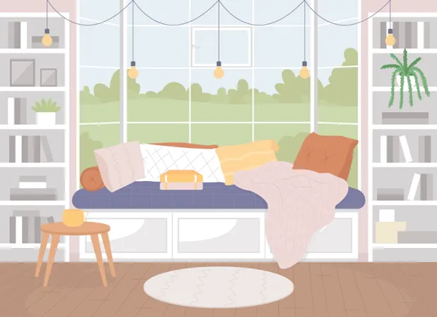 Cozy Living Room Flat Color Vector Illustration Comfortable Sofa Between Bookshelves Pillows And Blankets For Nordic Style 2 D Cartoon Interior With Furnishing On Background Illustration