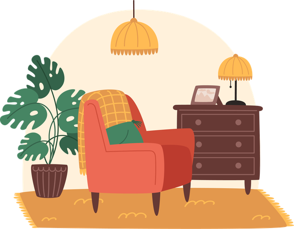 Cozy living room with armchair and potted plants  Illustration