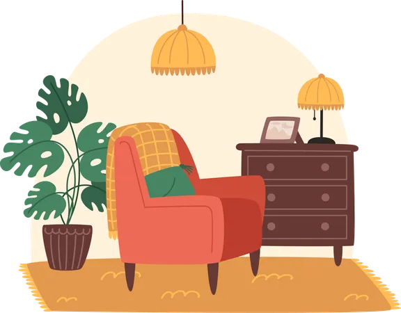 Cozy Living Room With Armchair And Potted Plants In Flat Style Illustration