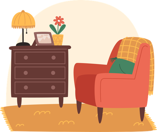 Cozy living room with armchair and wooden shelf  Illustration