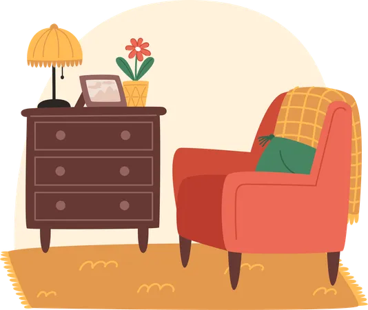 Cozy living room with armchair and wooden shelf  Illustration