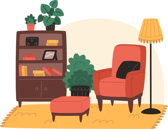 Cozy Living Room With Armchairs Bookcase And Potted Plants In Flat Style Illustration
