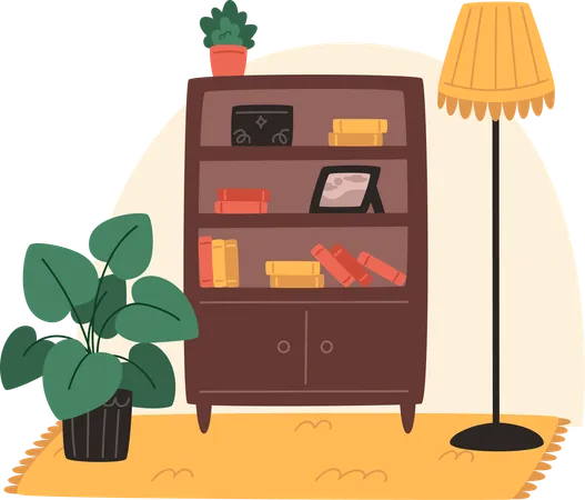 Cozy Living Room With Bookcase And Potted Plants In Flat Style Illustration