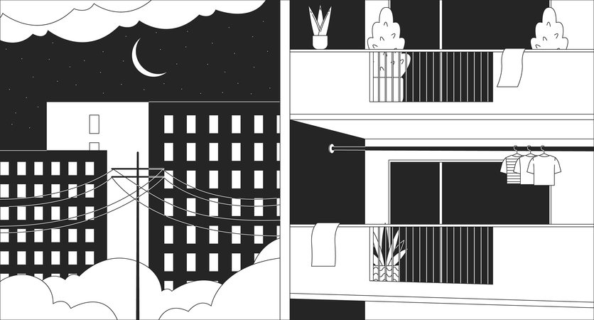 Cozy night apartment building exterior  Illustration