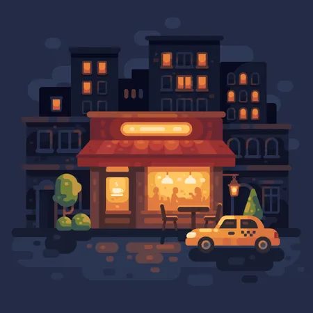 Cozy Night Street Cafe Scene Flat Illustration Evening City Street Background Illustration