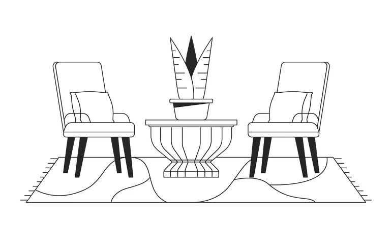 Cozy Patio Seating Furniture Black And White 2 D Line Cartoon Object Two Chairs Flowerpot Isolated Vector Outline Item Carpet Floor Covering Under Armchairs Monochromatic Flat Spot Illustration Illustration