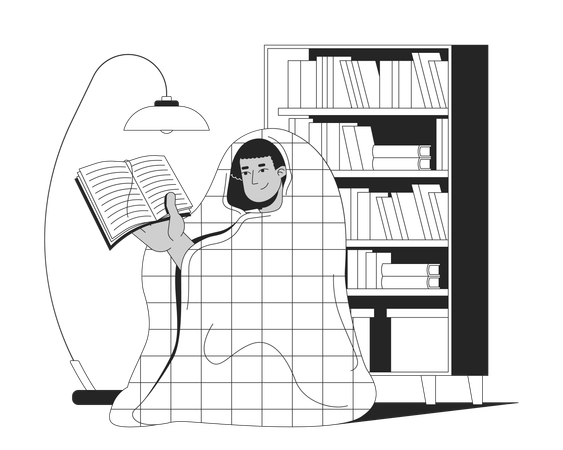 Cozy reading under blanket in home library  Illustration