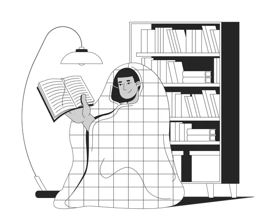 Cozy reading under blanket in home library  Illustration