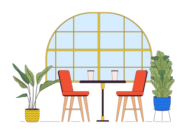 Cozy Restaurant Interior Line Cartoon Flat Illustration Table Near Window In Coffeeshop 2 D Lineart Objects Isolated On White Background Dinner At Fancy Cafeteria Scene Vector Color Image Illustration
