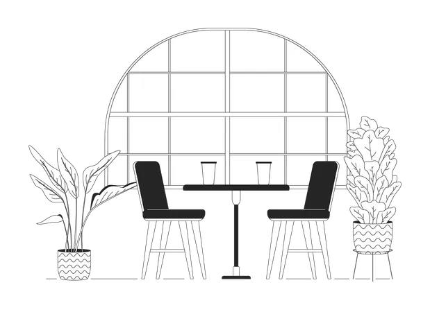 Cozy Restaurant Interior Line Black And White Line Illustration Table Near Window In Coffeeshop 2 D Lineart Objects Isolated Dinner At Fancy Cafeteria Monochrome Scene Vector Outline Image Illustration