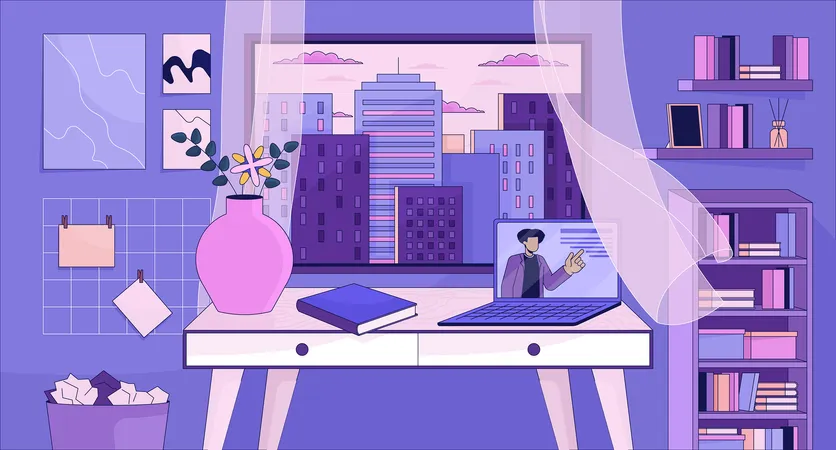 Cozy Study Space With Bookshelves Lofi Wallpaper Laptop Table At Window Evening Cityscape 2 D Cartoon Flat Illustration E Learning Dreamy Vibes Chill Vector Art Lo Fi Aesthetic Colorful Background Illustration