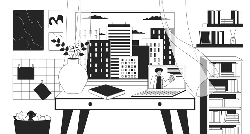 Cozy Study Space With Bookshelves Black And White Lofi Wallpaper Laptop Table At Window Evening Cityscape 2 D Outline Cartoon Flat Illustration E Learning Dreamy Vibes Vector Line Lo Fi Background Illustration