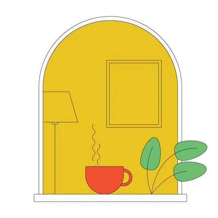 Cozy Window Flat Line Concept Vector Spot Illustration Hot Drink Cup And Houseplant 2 D Cartoon Outline Object On White For Web UI Design Editable Isolated Color Hero Image Illustration