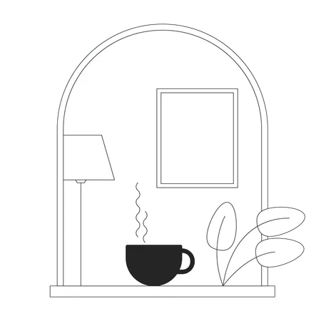 Cozy Window Bw Concept Vector Spot Illustration Hot Drink Cup And Houseplant 2 D Cartoon Flat Line Monochromatic Object For Web UI Design Editable Isolated Outline Hero Image Illustration