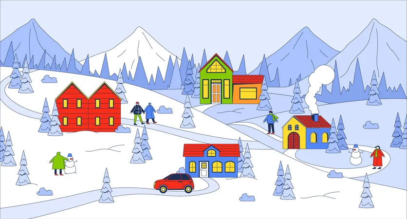 Cozy winter town in snowy mountains woods  Illustration