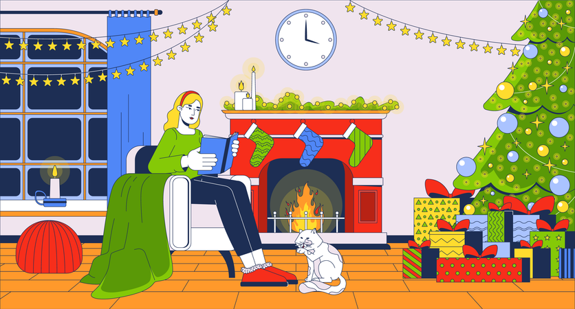 Cozy woman reading book fireplace Christmas  Illustration