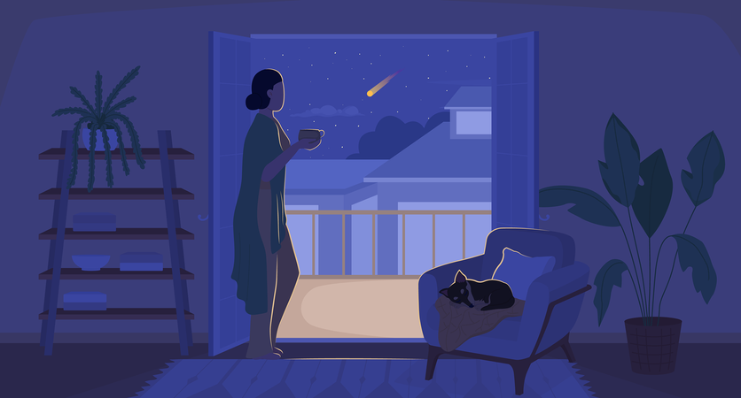 Cozy woman with cup looking out from balcony Illustration
