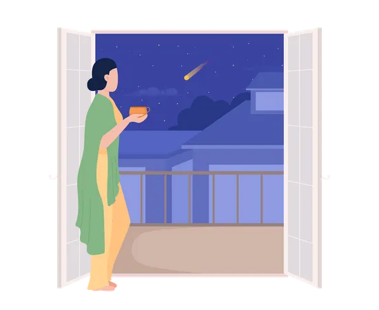 Cozy woman with cup looking out from balcony Illustration